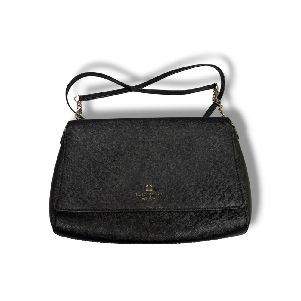 Kate Spade New York Black Saffiano Leather Crossbody Bag Gold Hardware Flap Snap
